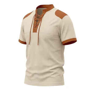Detail view of men's contrast color waffle knit short sleeve t-shirt with lace-up front.
