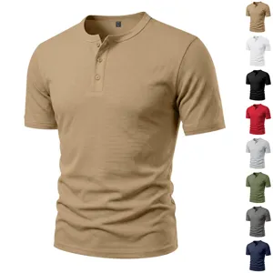 Close-up details of the men's short sleeve henley shirt collar and button placket display.
