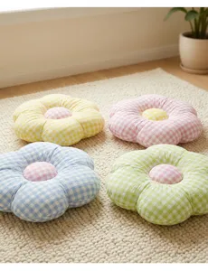 Cute grid flower plush pillow cushion, soft stuffed floral floor mat for home sofa tatami decor.