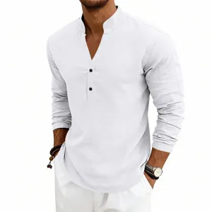 White long sleeve men's linen henley shirt casual v-neck button-up top detail view