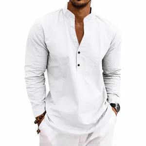 Close-up view of men's casual long sleeve linen shirt V-neck detail and breathable soft fabric.