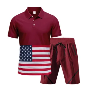 Men's Summer Casual Ice Silk Breathable Sport Polo Short Sleeve Set Burgundy Color