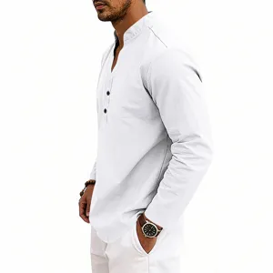 Men's casual long sleeve white linen Henley shirt with V-neck, breathable and comfortable fit.