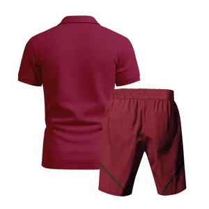 Men casual sportswear set in dark red, showing back view of polo shirt and breathable shorts.
