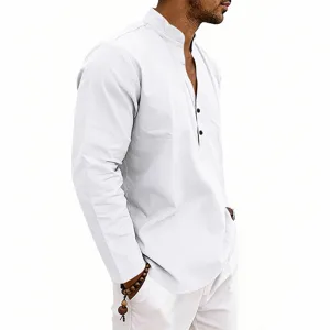 Detailed view of the men's casual breathable linen long sleeve V-neck Henley shirt.
