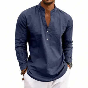 Men's solid color long sleeve linen Henley shirt casual V-neck breathable top detail view