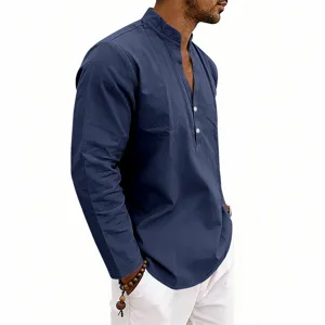 Men's long sleeve V-neck linen Henley shirt detail view, casual solid color pullover top.