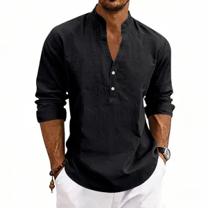 Men's long sleeve V-neck Henley shirt casual breathable solid color top for spring summer.