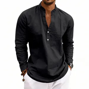 Men's Long Sleeve Linen Henley Shirt Casual V-Neck Solid Color Loose Breathable Spring Summer Top