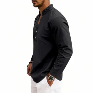 Men's long sleeve henley shirt casual solid color V-neck breathable spring cotton top.