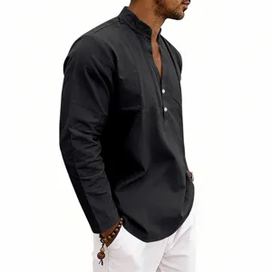 Close-up view of the breathable black linen Henley shirt, featuring a V-neck and buttons.