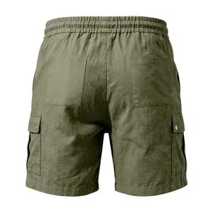 Short cargo de plage décontracté en coton et lin pour homme vert armée taille élastique