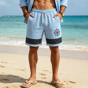 Men's linen beach shorts detail showing rune print and breathable summer casual design.