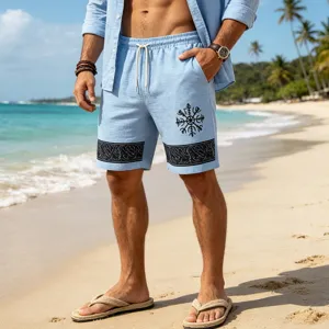 Men's light blue linen-like casual beach shorts with rune and knotwork print for summer.