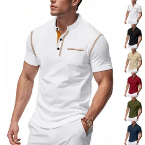 Men American Retro Henley Shirt Contrast Stitching Short Sleeve Polo Top Loose Casual Summer Men Clothing