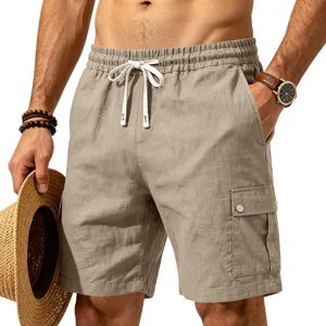 Short cargo décontracté en lin pour homme avec taille élastique et multiples poches.