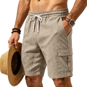 Shorts cargo décontracté en lin pour homme avec cordon élastique et poches multiples.