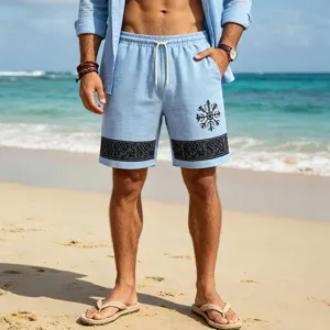 Men's casual beach shorts in light blue with rune prints, featuring a comfortable elastic waist.
