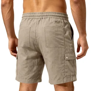 Shorts cargo décontractés en coton et lin pour hommes, short de plage respirant avec poches.