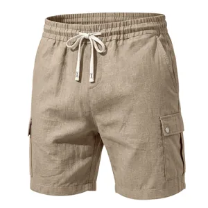 Detailansicht Herren Khaki Baumwolle Leinen Cargo Shorts, elastischer Kordelzug, seitliche Taschen.
