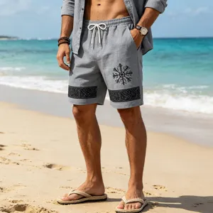Mens casual cotton linen beach shorts summer loose fit vacation printed boardshorts