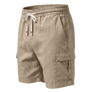 Shorts cargo homme beiges avec taille élastique à cordon et poches multiples pour loisirs.
