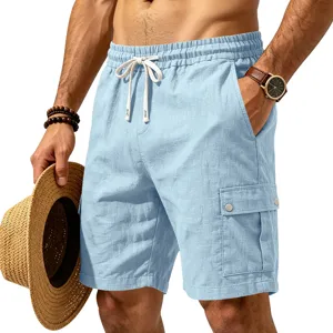 Shorts cargo lin bleu clair homme détail, design cordon de serrage poche plage loisir.