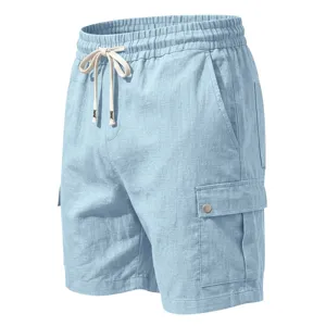 Short cargo décontracté en lin pour homme avec cordon, vêtements de plage et sport en plein air.