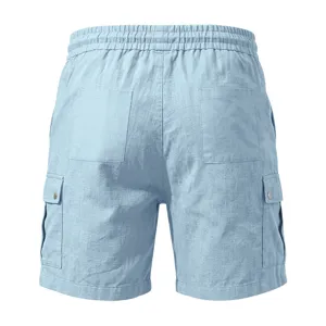 Gesäßtasche und Metalldetail der hellblauen Baumwoll-Leinen Cargo-Shorts für Herren Detail