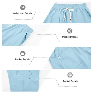 Shorts cargo décontractés pour hommes en lin bleu clair avec taille élastique et poches.