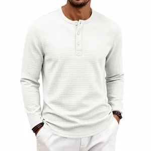 T-Shirt Henley Hommes Manches Longues Gaufre Vintage Uni Haut Decontracte Quadrille