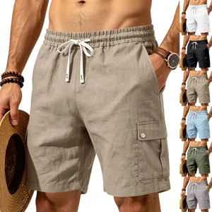 Shorts Décontracté en Mélange Coton-Lin pour Hommes Coupe Ample Été Extérieur Plage Poches Multiples Cargo Droite