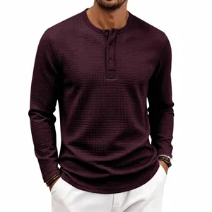 T-shirt Henley homme texturé gaufré rétro manches longues haut décontracté détail.