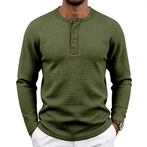 Homme manches longues gaufre tricot Henley chemise décontracté vert armée haut mode chic