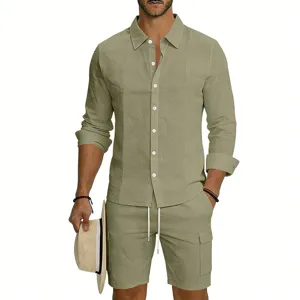 Close-up detail of casual linen long sleeve shirt and cargo shorts set in light green tone.