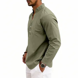 Men's solid color long sleeve linen henley shirt casual breathable V-neck top detail view