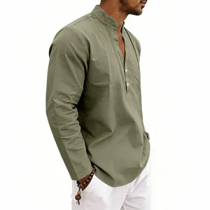 Men's olive green long sleeve henley shirt, casual cotton linen V-neck pullover top.