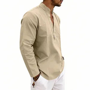Close-up detail of mens beige long sleeve linen henley shirt with V-neck and button placket.
