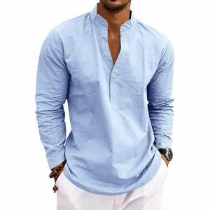 Mens casual long sleeve linen henley shirt in light blue with v-neck and button closure.