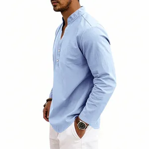 Detail view of men's light blue long sleeve henley shirt with V-neck and buttons.