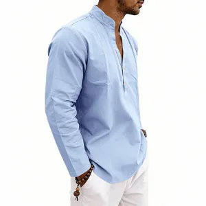 Men's long sleeve linen Henley shirt casual V-neck t-shirt light blue detail view