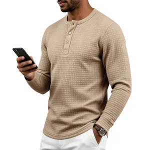 Homme t-shirt henley manches longues vintage haut decontracte detail vue style top