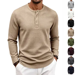 T-Shirt Manches Longues Henley Jacquard Vintage pour Homme Casual Loose Fit Polyester Respirant Top Pull pour Extérieur Quotidien