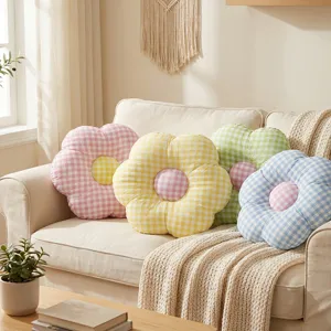 Cute flower shaped checkered plush throw pillows set, cozy aesthetic sofa cushions for home decor.