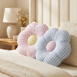 Cute plaid flower plush pillow, soft stuffed daisy cushion for sofa, bed, and home decor.