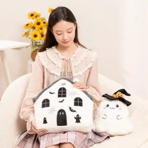 Cute cartoon ghost house plush pillow and witch hat doll set for Halloween home decor