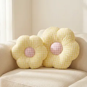 Yellow pink plaid flower plush cushion cute aesthetic home sofa pillow decor toy 1pc