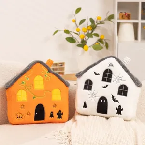 Cute halloween house plush pillow set, soft cartoon ghost bat pumpkin cushion for home decor.