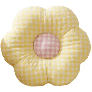 Yellow gingham flower shaped floor cushion plush pillow for home sofa decor and tatami seating.