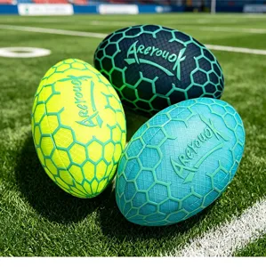 Creative fluorescent rugby pillow plush toy detail shot, soft fabric doll for boys.